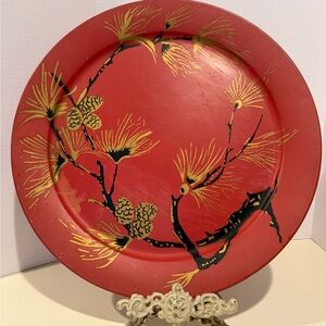 Red metal MCM vintage round tray with gold pine cones